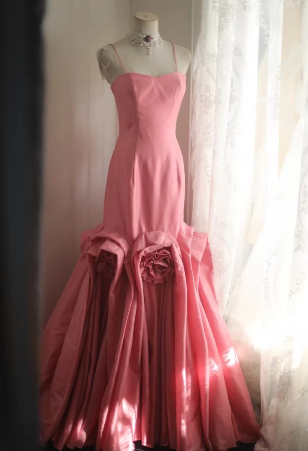 Elegant Spaghetti Straps Pink Satin Pleated Floral Mermaid Long Party Dress Birthday Evening Gown