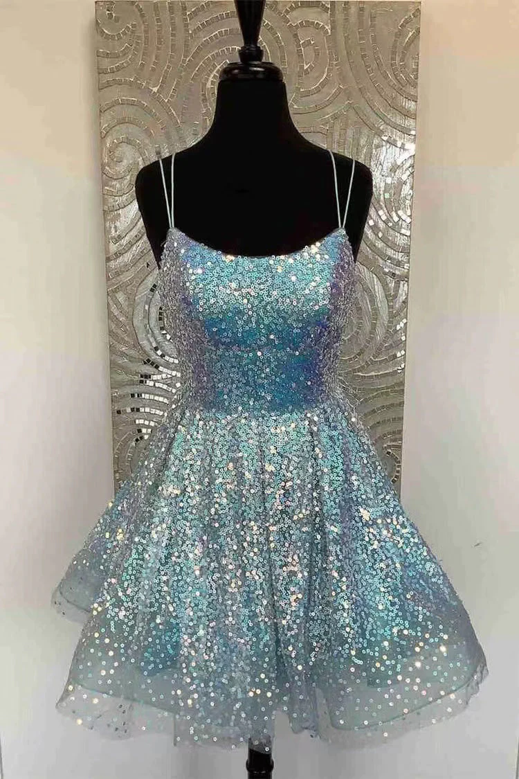 Sparkly A-line Light Blue Short Party Dress, Sequins Plus Size Homecoming Dresses