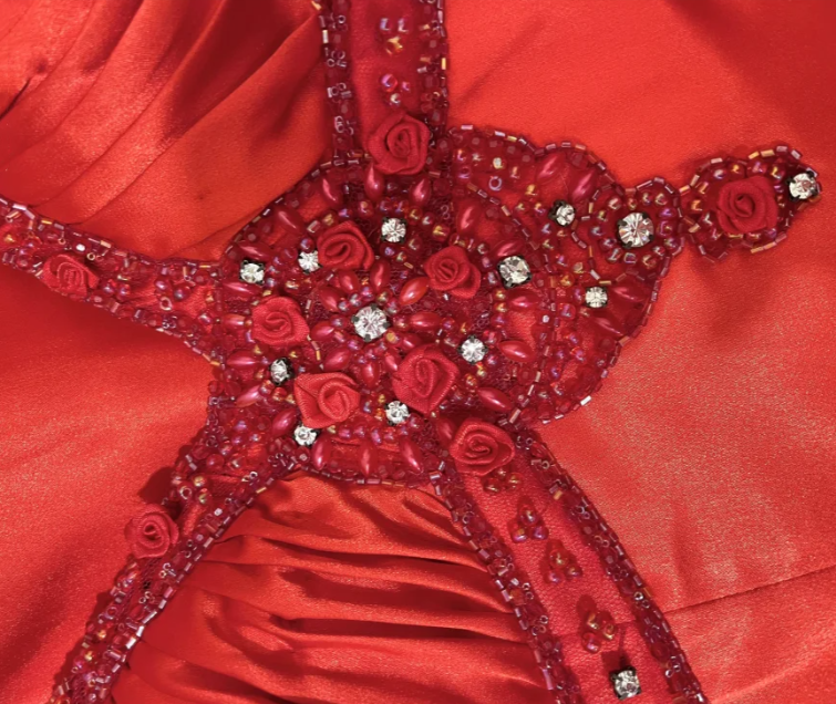 Charming Spaghetti Straps Red V Neck Satin Beaded Party Dress Long Wedding Guest Dress