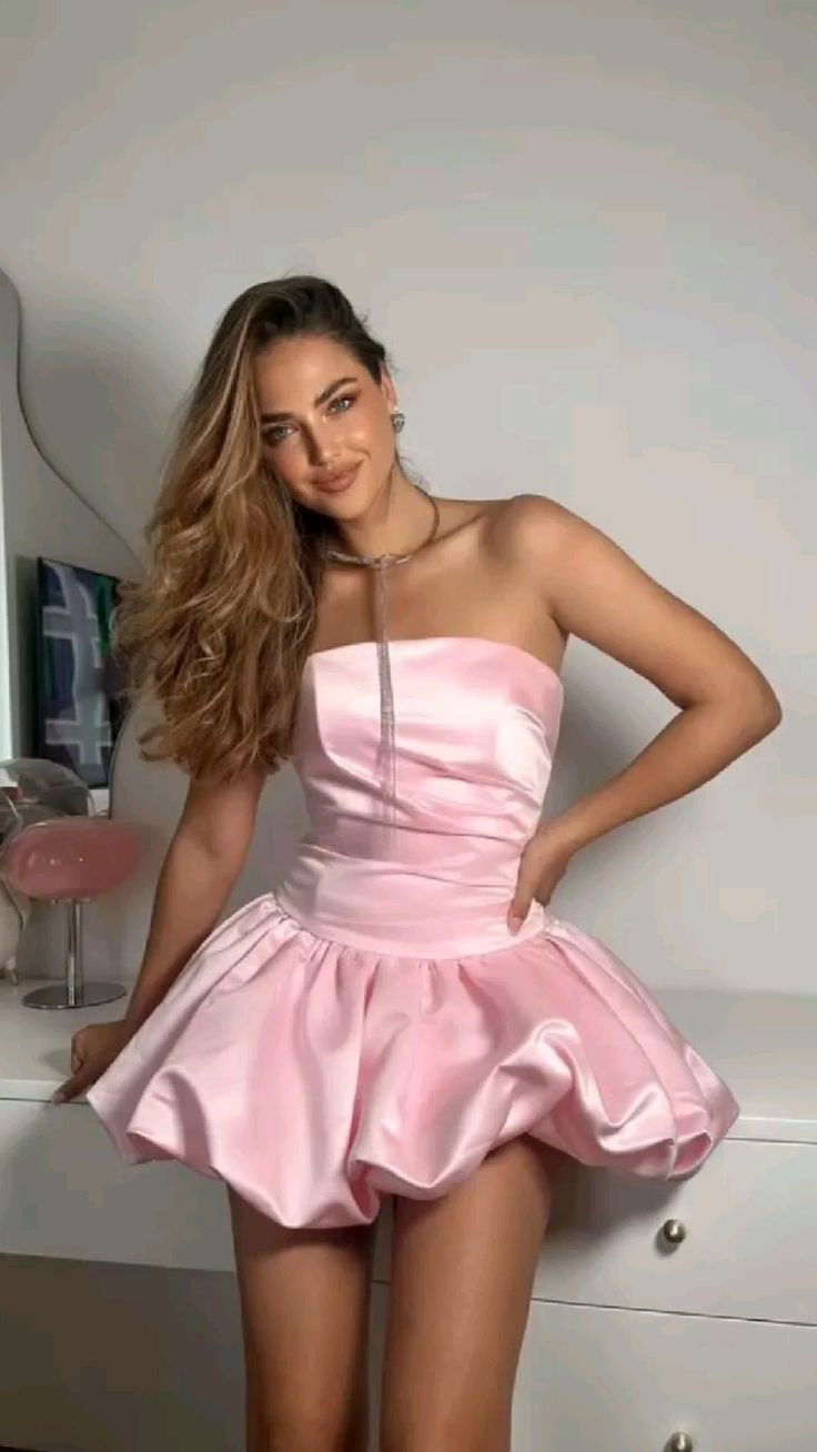 Cute Pink Satin Strapless A Line Short Birthday Outfits Formal 8th Grade Homecoming Dress