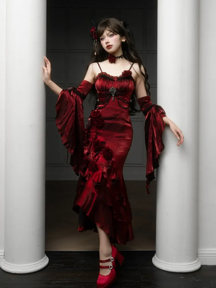 Vintage High Low Spaghetti Straps Floor Length Burgundy Flowers Prom Dresses Birthday Dress