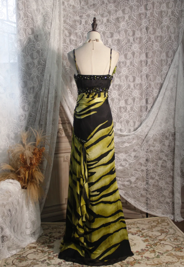Unique Spaghetti Straps Green Chiffon Beaded Mermaid Long Prom Dress Evening Dress