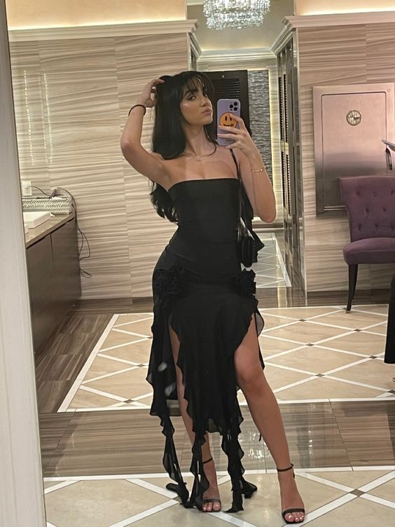 Sexy Black Strapless Black Slit Prom Dress Ruffles Party Dress With Floral