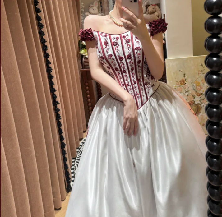 Unique Off The Shoulder Ball Gown White Satin Embroidery Flowers Long Birthday Party Dress Prom Gown