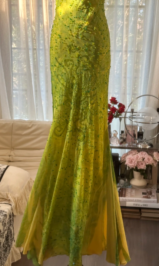 Chic Ombre Green Chiffon Beaded Mermaid Long Party Dress Formal Birthday Prom Dress
