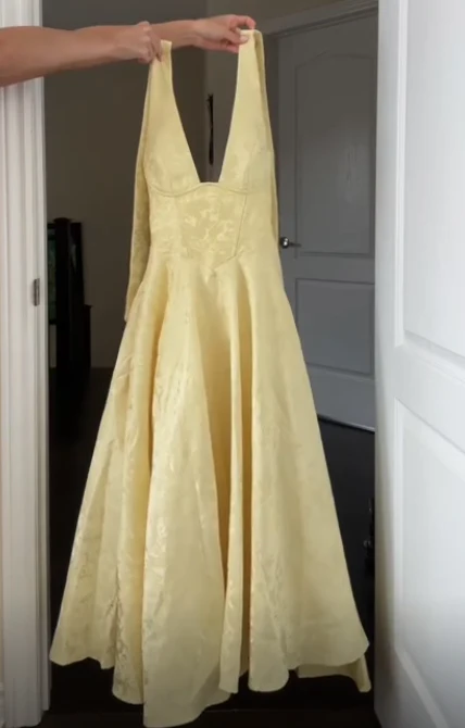 Deep V Neck Yellow Satin Print Floral Party Evening Gown Halter Prom Dress