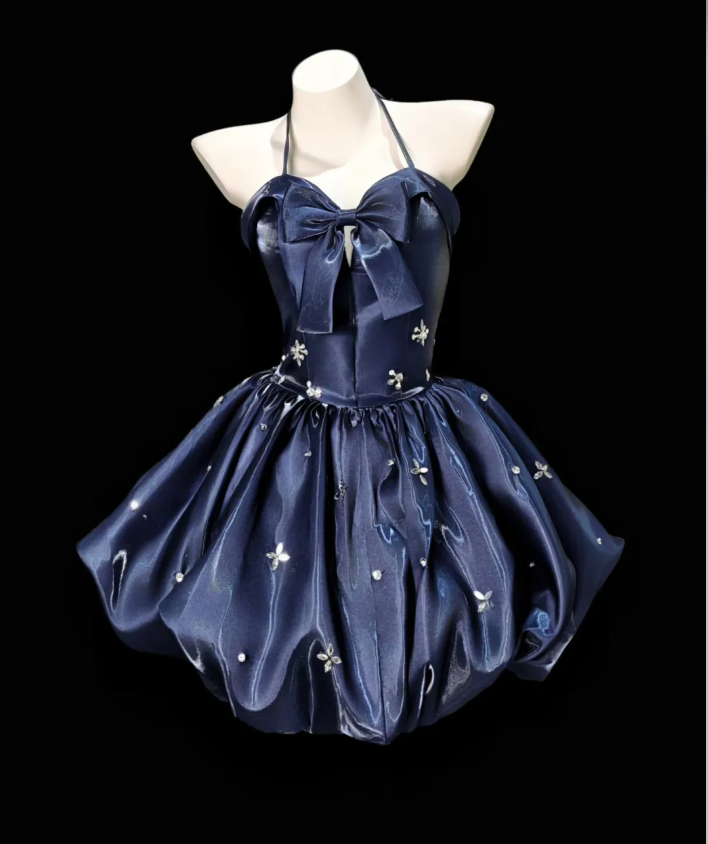 Cute Halter Navy Blue Satin A Line Short Homecoming Dress Formal Birthday Outfits With Bow