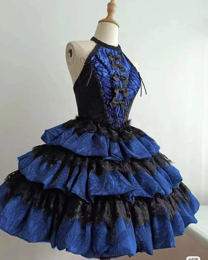 Charming Halter Satin Lace Multi-Layered Birthday Dress Formal Blue Homecoming Dress
