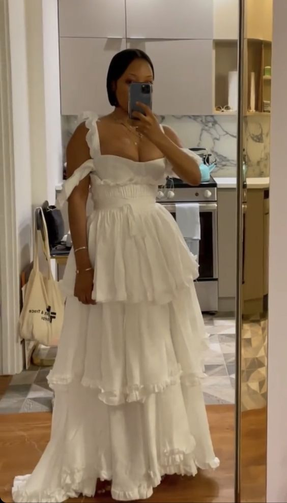 Elegant White Straps Ruffles Floor Length Prom Dress A Line Layered Party Evening Dress
