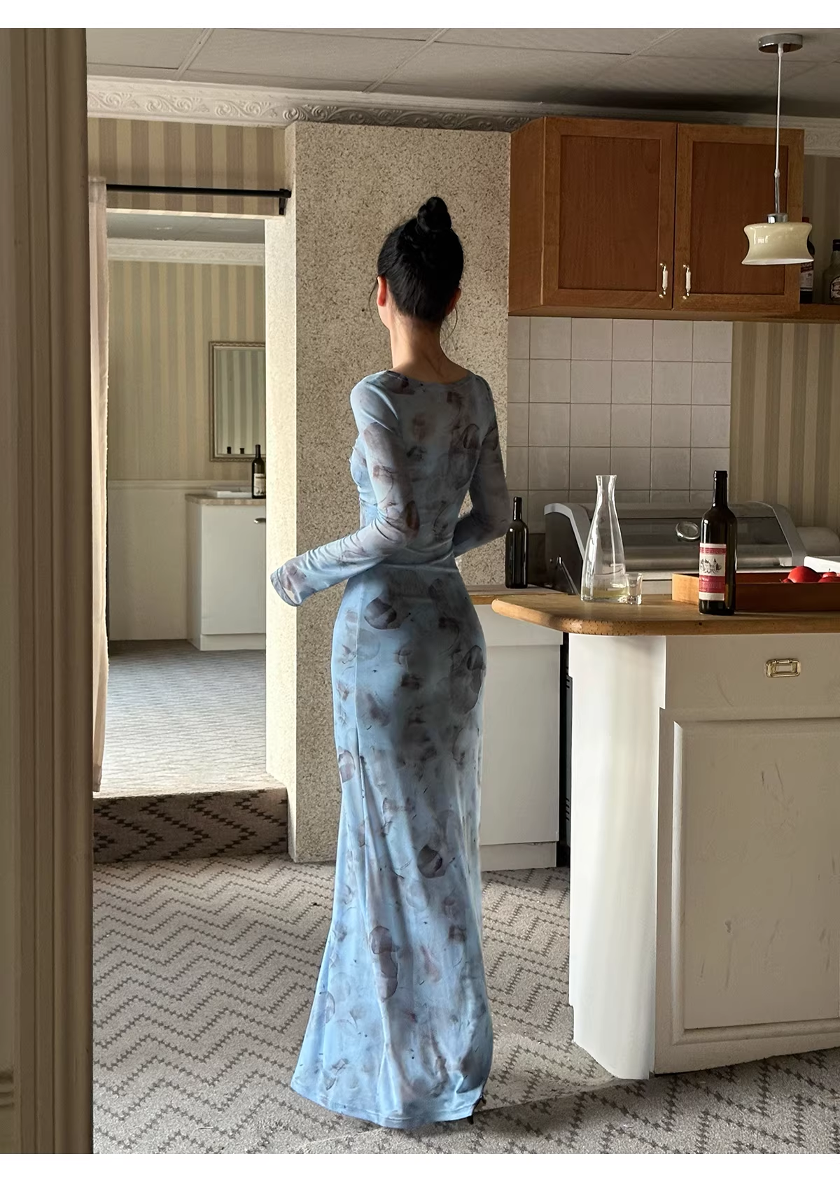 Charming V Neck Blue Lace Sheath Long Evening Dress Formal Wedding Guest Dress