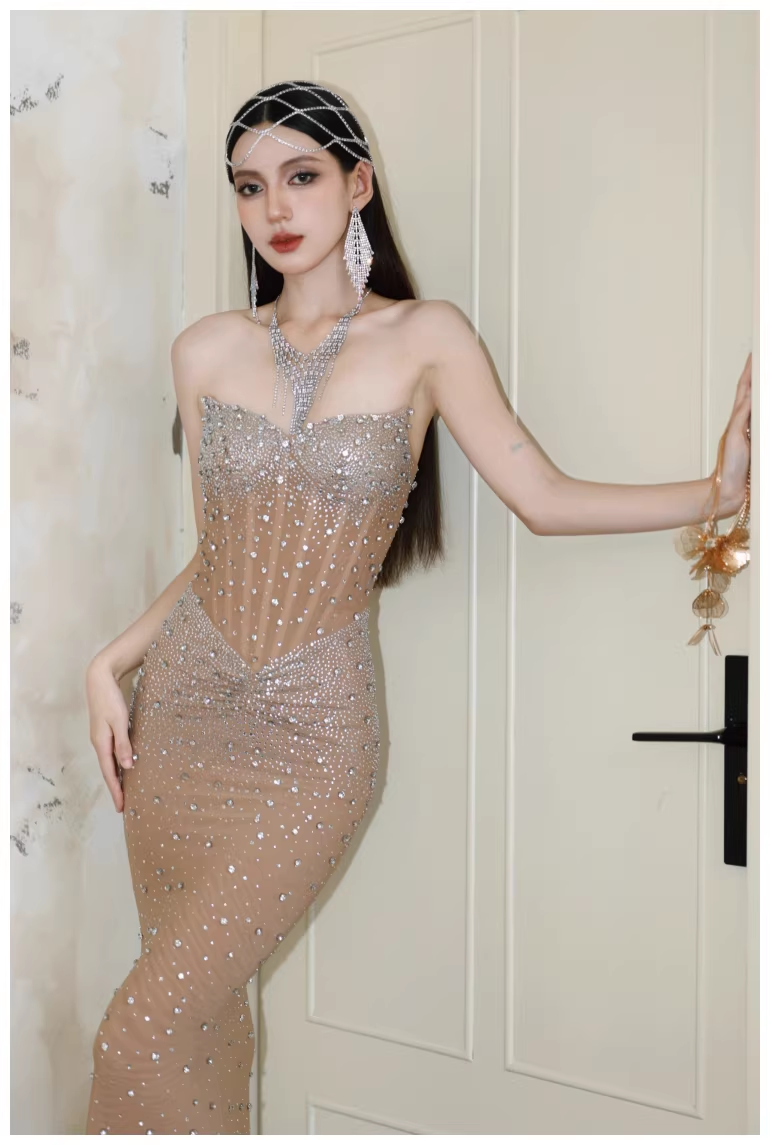 Sexy Strapless Chiffon Beaded Mermaid Long Evening Dress Party Gown