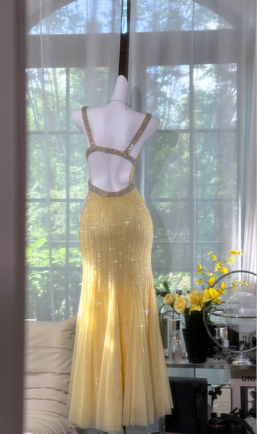 Glitter V Neck Yellow Chiffon Beaded Mermaid Party Dress Long Prom Gown