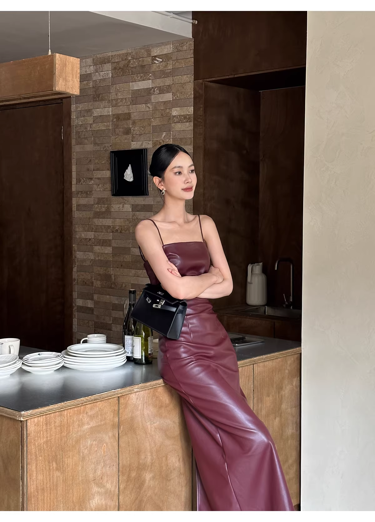 Fashion Spaghetti Straps Burgundy Sheath Long Party Dress Birthday Evening Dress