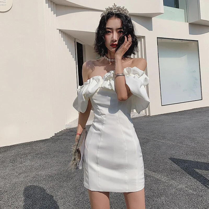 Black White Women Short Dress Pretty Mini Party Dress Ruffules Neckline Homecoming Dress