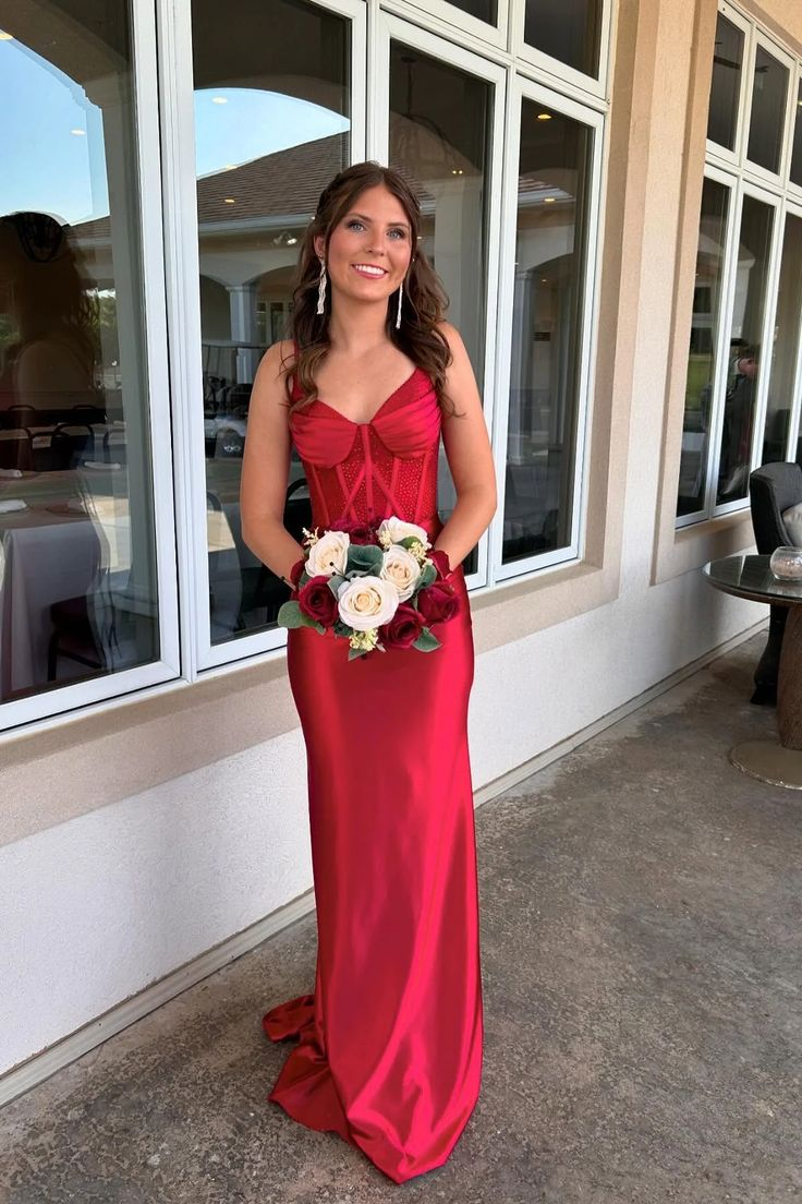 Classy Spaghetti Straps Red Satin Mermaid Bridesmaid Dress Formal Wedding Guest Dress