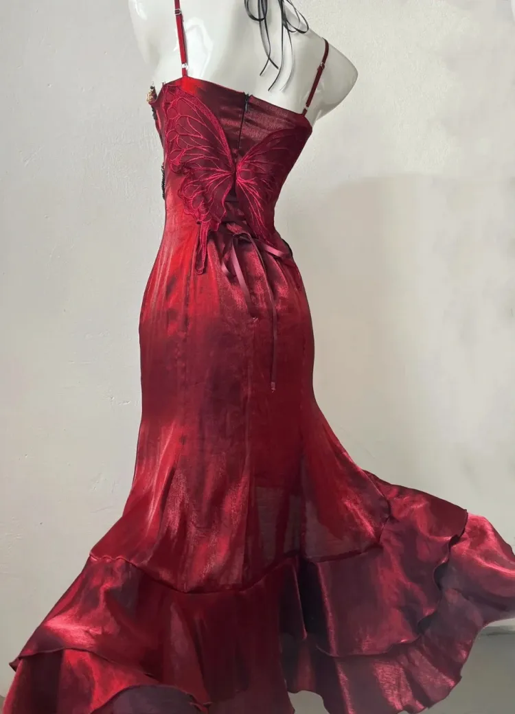 Vintage High Low Spaghetti Straps Floor Length Burgundy Flowers Prom Dresses Birthday Dress