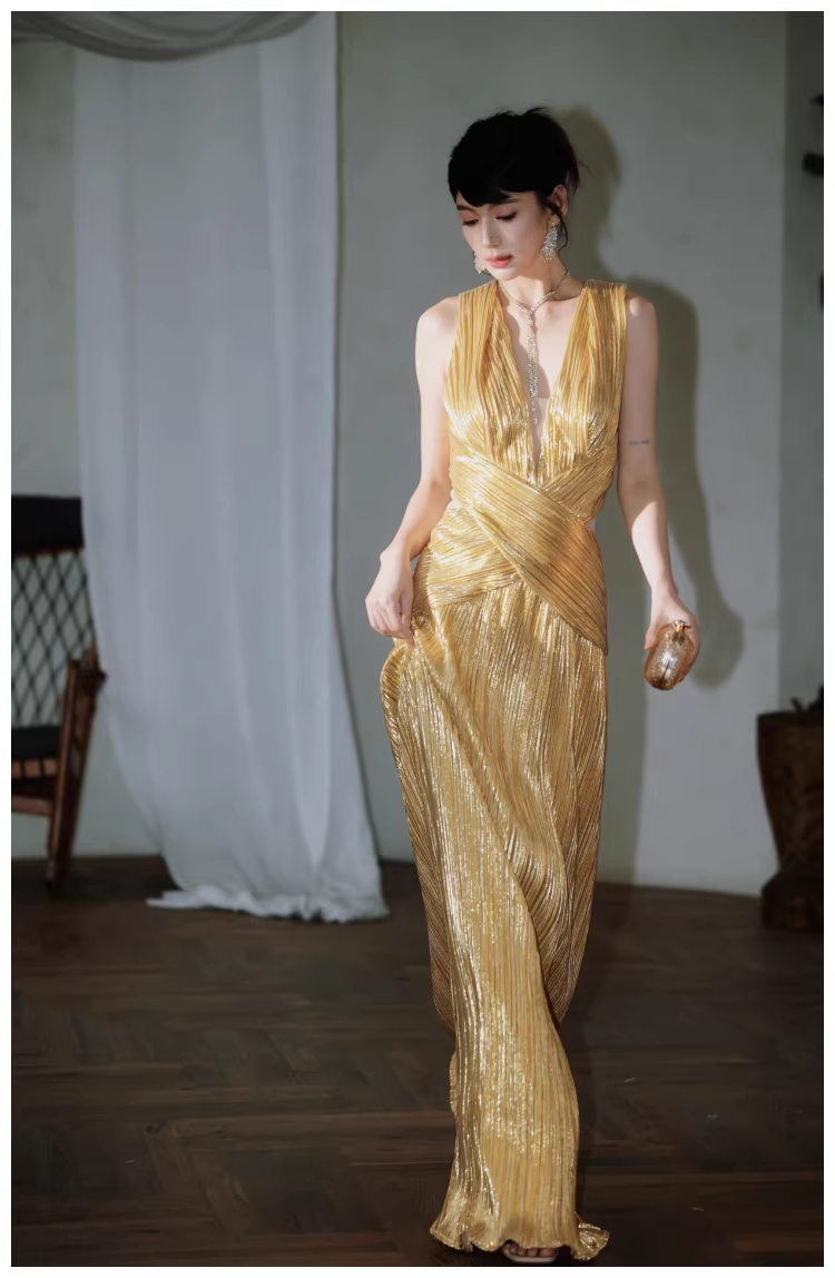 Gorgeous V Neck Gold Satin Pleated Long Evening Dress 19th Birthday Outfits