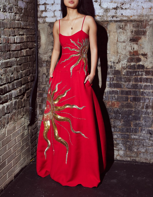 Gorgeous Red Satin Gold Sequins Prom EVening Dress,Formal Party Gown
