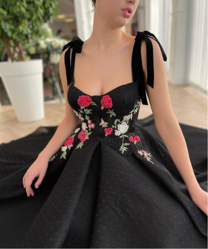 Black Polka Dot Tulle A Collection Evening Gown Colorful Floral Lace Velvet Spaghetti Straps Strap Pockets Ankle Length Dress