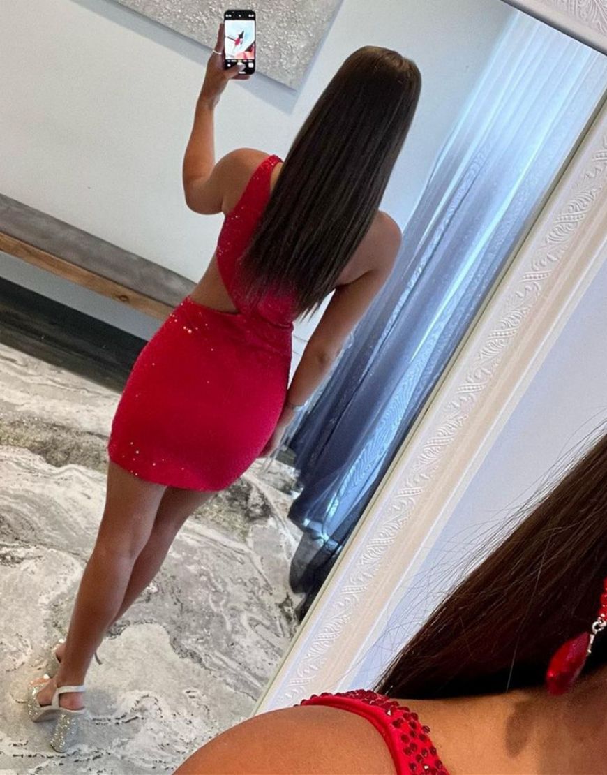 Red One Shoulder Cutout Waist Short Glitter Homecoming Dress