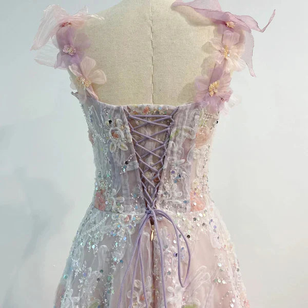 Vintage A line Straps Sequin Flowers Long Pink Prom Dress Evening Dresses