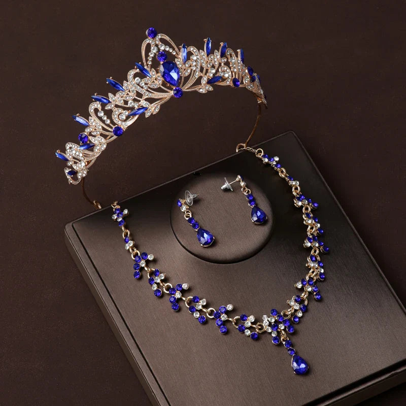 Luxury Silver Color Crystal Water Drop Bridal Jewelry Sets Rhinestone Tiaras Crown Necklace Earrings Wedding Dubai Jewelry Set TS-0007-K-XL-0018-C Tiaras