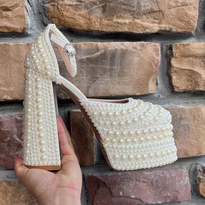 Luxury Handmade Full Pearls Beaded Ankle Strap Women Pumps Fashion Metal Buckle Platform Wedges High heels Party Wedding Shoes Beige