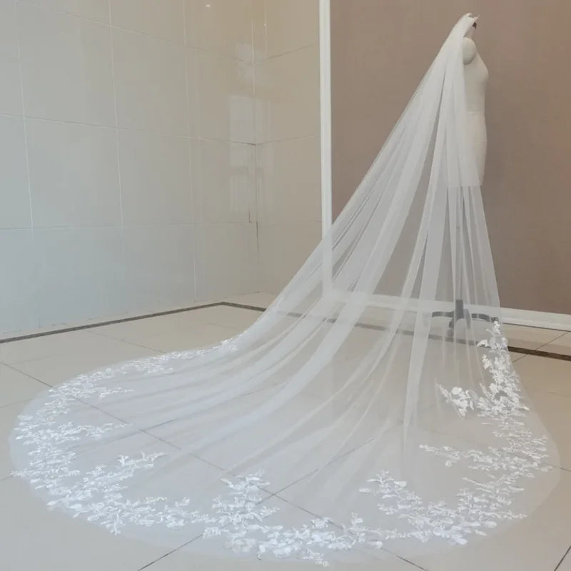 Cathedral Length Lace Applique Wedding Veil - Long Bridal Veil with Metal Comb for Brides