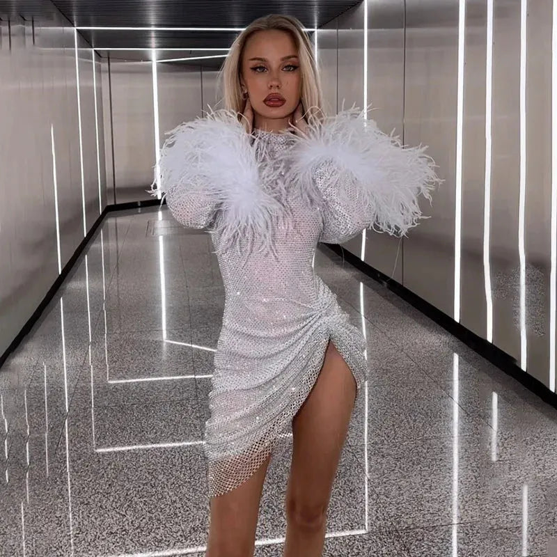 Autumn Bling Glitter Long Sleeve Side Slit Sexy Dresses For Women Feather Fashion Party Clubwear Y2K Fall Outfits