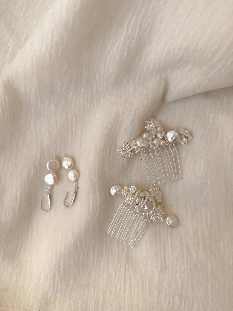 Pearls Hair Comb Pin Clip Silver Color Head Piece For Bride Bridesmaids Women Hairpin Earring Bridal Jewelry Wedding Accessories