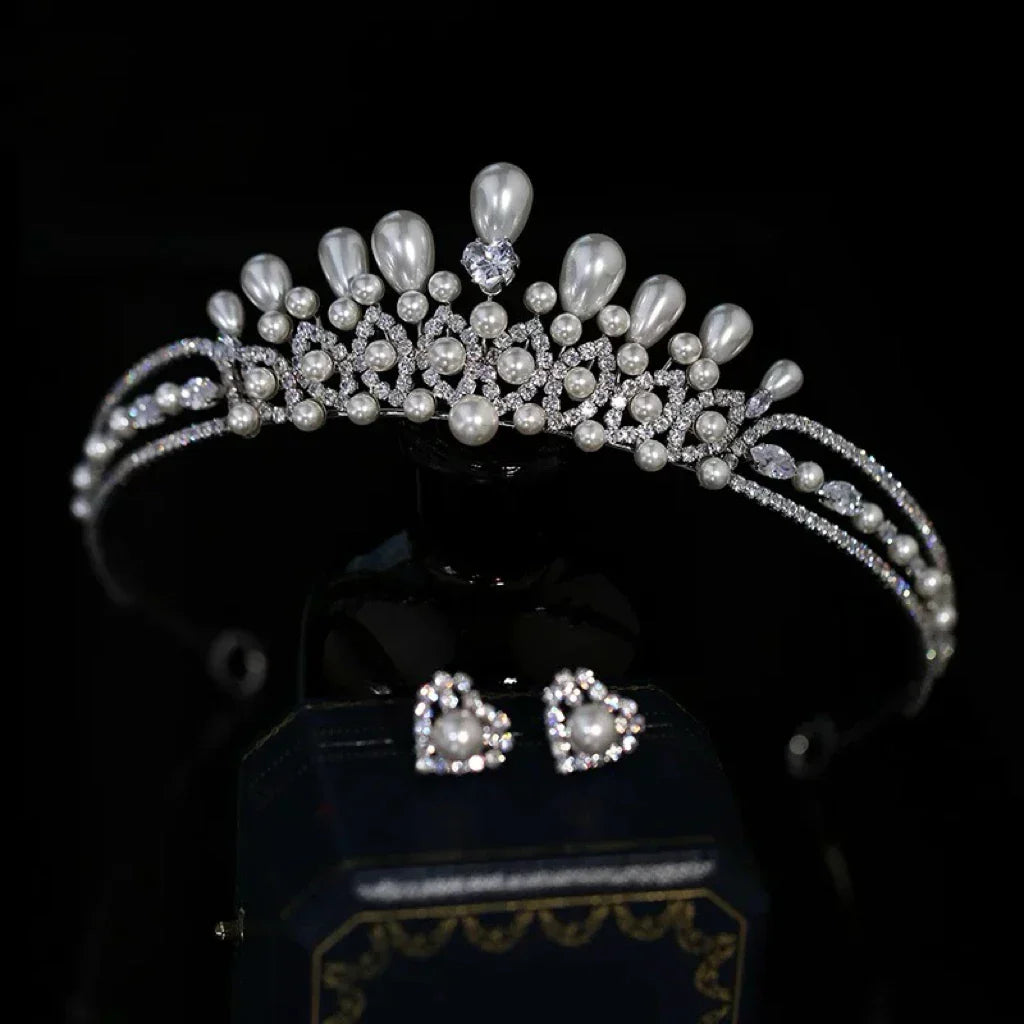 Crystal Pearl Tiaras and Crowns Set Zirconia Diadem For Bride Princess Queen Headband Bridal Hair Jewelry Wedding Accessories