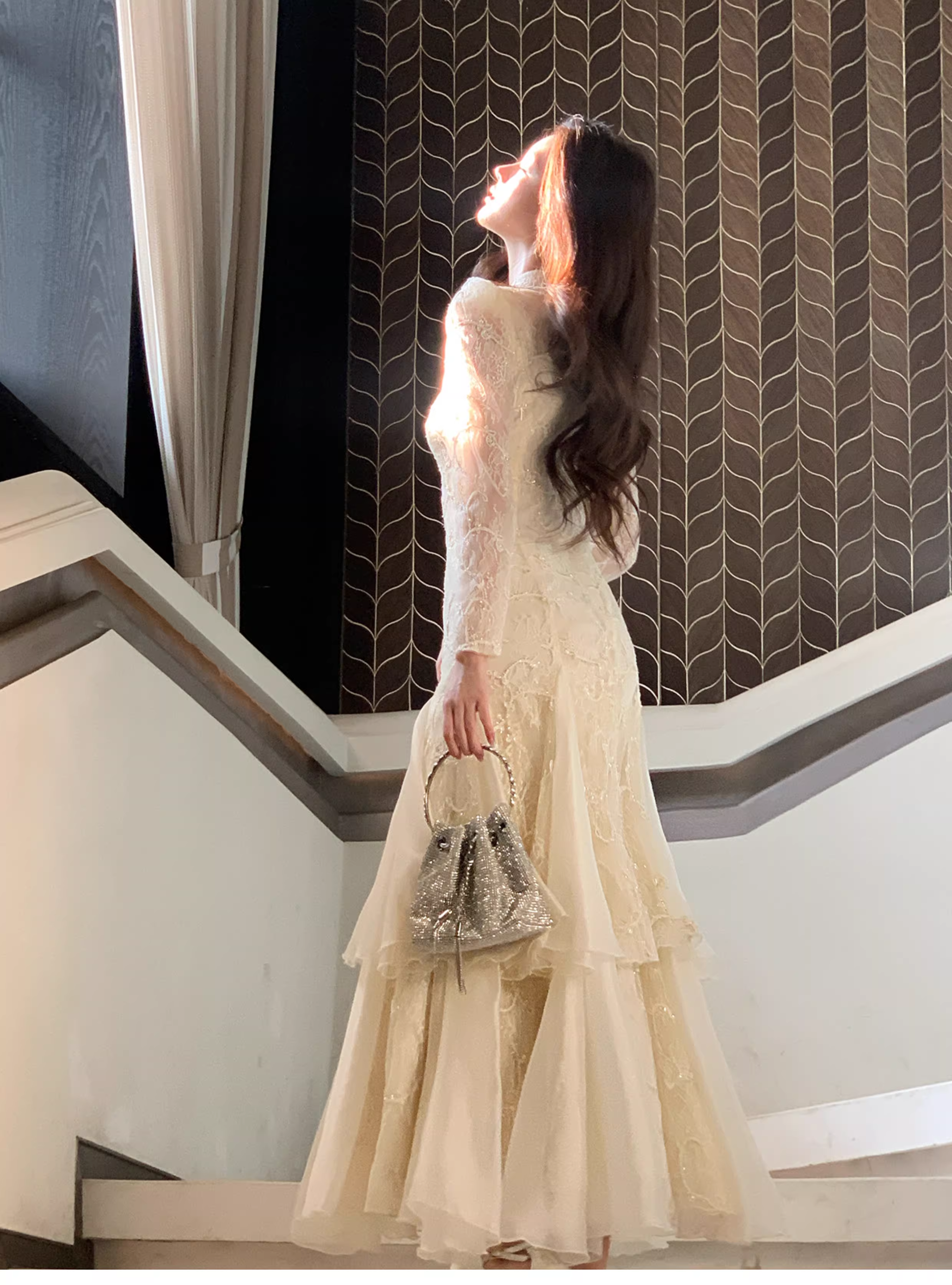 Pretty Beige Tulle Lace Mermaid Long Evening Dress Birthday Prom Dress