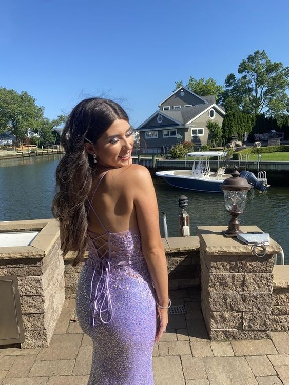 Shiny Purple Spaghetti Straps Mermaid Long Prom Dress