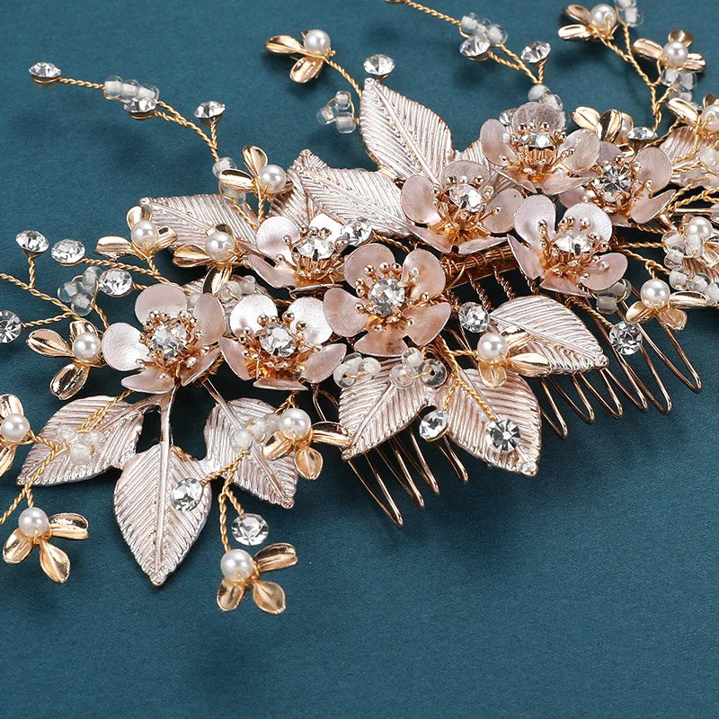 Wedding Accessories Flower Hair Comb Pin Clip Rhinestones Crystal Head Pieces Bride Women Gold Color Leaf Hairpin Bridal Jewelry