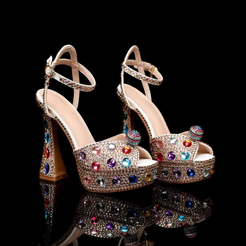 Luxury Colorful Rhinestones Women Gladiator Sandals Sexy Ankle Strap Platform Wedges High heels Fashion Summer Party Prom Shoes