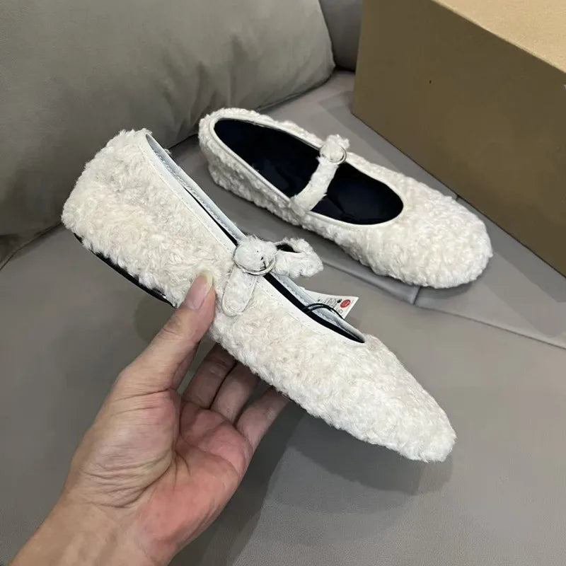 Winter Warm Furry Wool Women Ballet Flats Comfortable Soft Soles Mary Janes Walking Loafers Casual Girls Dance Lazy Shoes