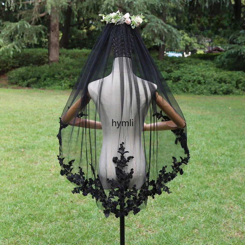 1 Layer Bridal Veil with Black Lace Applique Wedding Dress Fingertip Black Wedding Veil Black 120cm