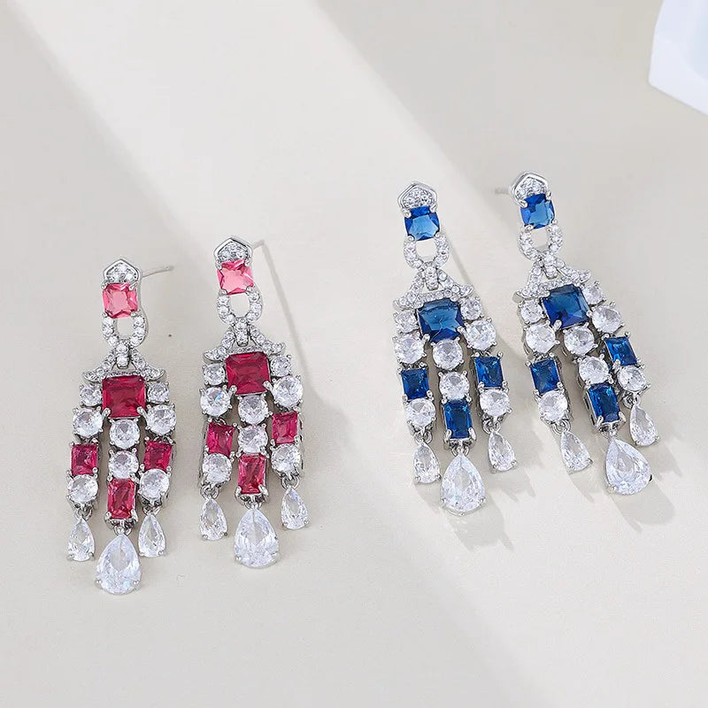 Blue Red AAA Zircon Bridal Earrings Cubic Zirconia Wedding Earring For Women Brides Accessories Dinner Party Dress Jewelry