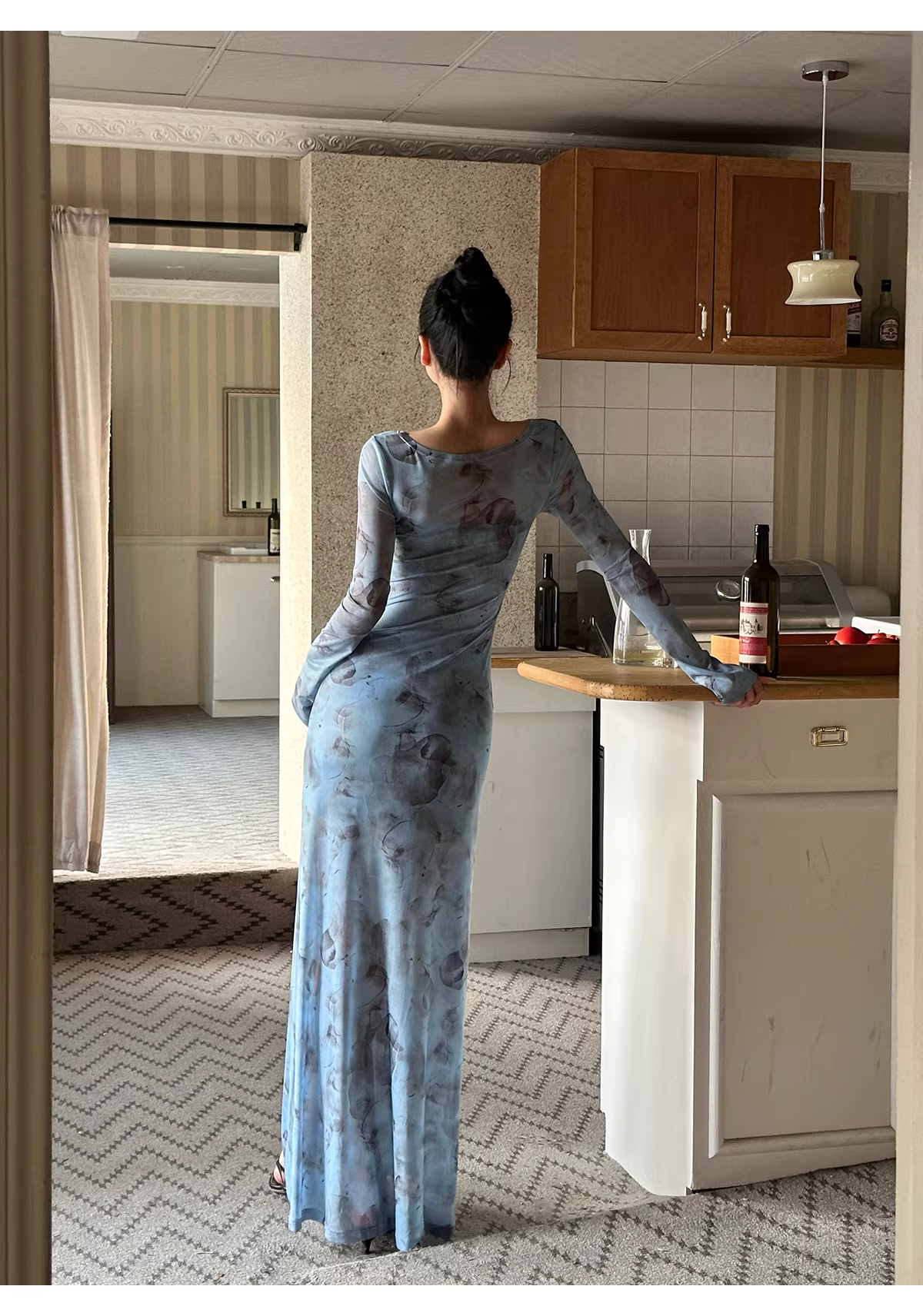 Charming V Neck Blue Lace Sheath Long Evening Dress Formal Wedding Guest Dress