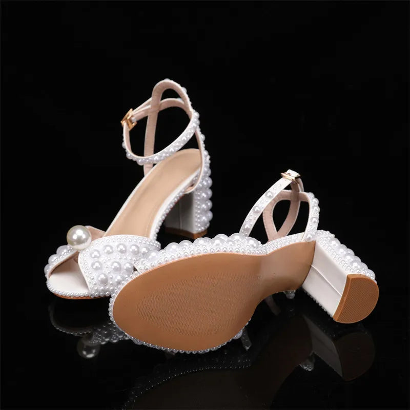 Summer Luxury Pearl Peep toe Thick Heeled Women Gladiator Sandals Fashion Beaded High heels Wedding Banquet Prom Shoes Sandalias