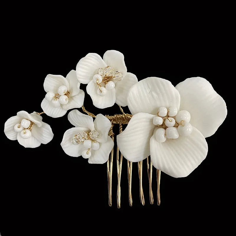 Bridal Jewelry Porcelain Flower Headband Gold Silver Color Hair Comb Pin For Brides Women Headwear Heapieces Wedding Accessories c