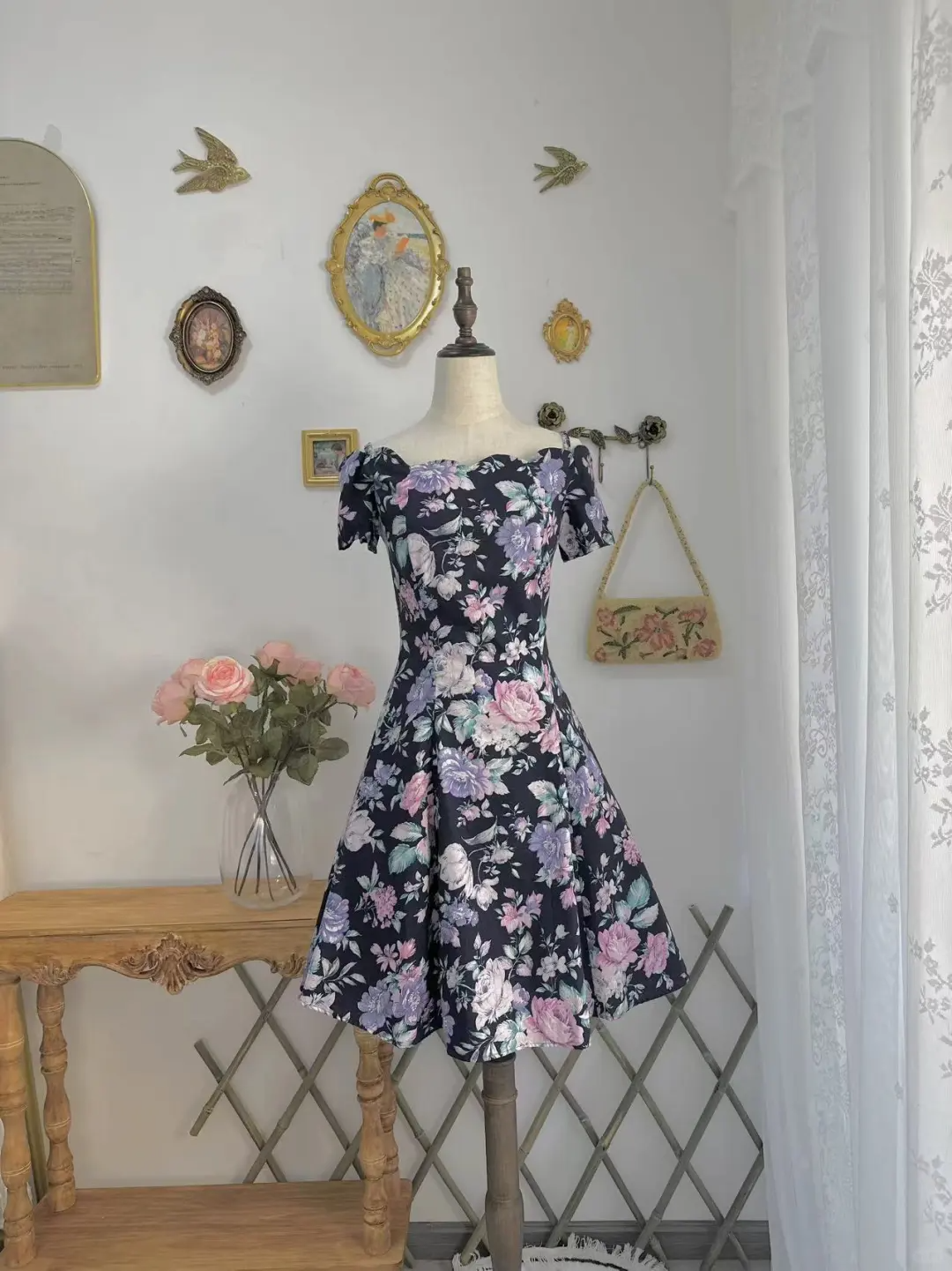 Vintage Satin Print Floral A Line Off The Shoulder Homecoming Dress Short Prom Dress