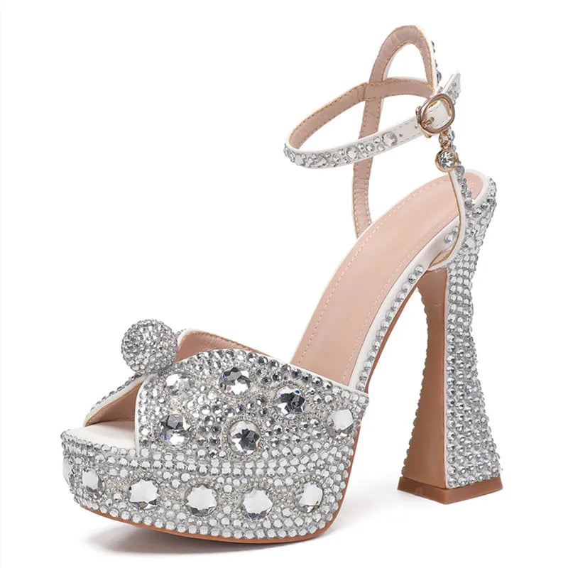 Luxury Colorful Rhinestones Women Gladiator Sandals Sexy Ankle Strap Platform Wedges High heels Fashion Summer Party Prom Shoes Silver