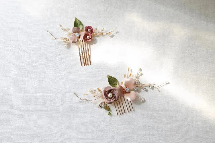 Wedding Accessories Pink Flower Hairpin Leaf Hair Comb Pin Clip For Brides Bridesmaids Crystal Pearl Head Piece Bridal Jewelry
