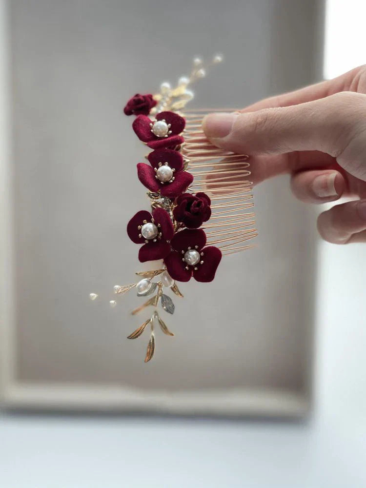 Burgundy Red Flower Head Piece Pearl Hair Comb Pin Women Brides Evening Party Dress Hairpin Bridal Jewelry Wedding Accessories