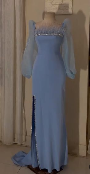 Vintage Square Neckline Long Sleeves Evening Dress,Fashion Evening Gown