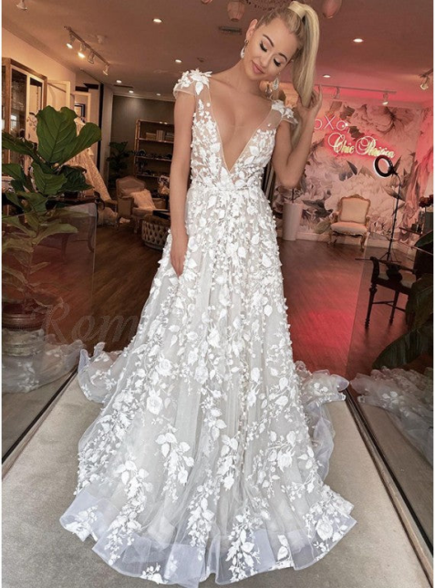 A-line Lace V-Neck Vintage Cap Sleeves Romantic Wedding Dresses Elegant Evening Dress