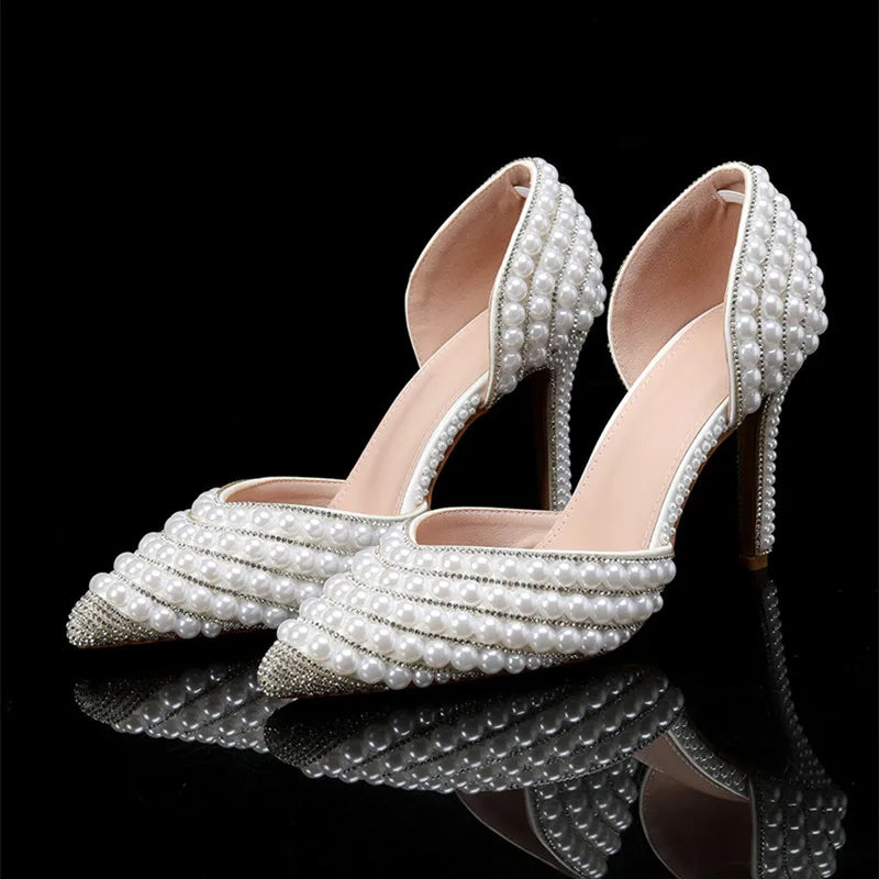 Luxury Handmade Full Pearls Rhinestones Wedding Women Pumps Elegant Pointed toe Bridal Thin High heels Fashion Party Prom Shoes
