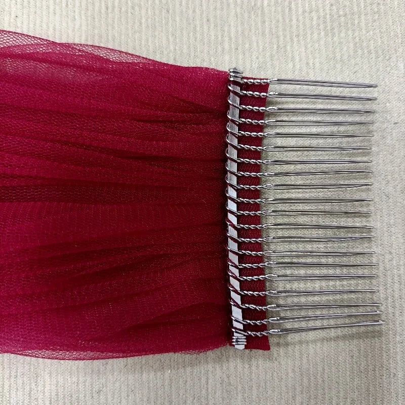One Tier Wine Red Bride Veil Lace with Sequins Cathedral Veil Wedding Accessories Metal Comb