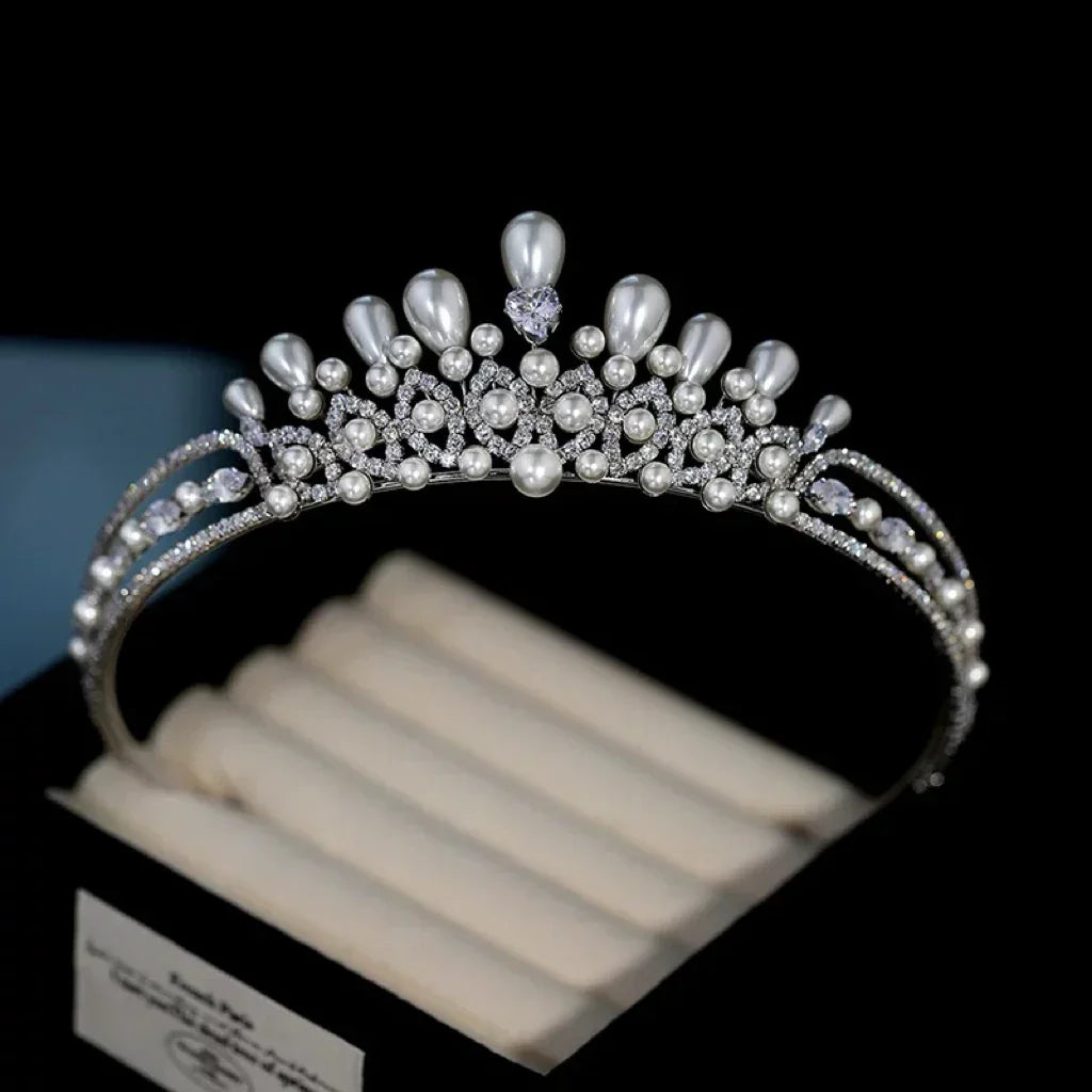 Crystal Pearl Tiaras and Crowns Set Zirconia Diadem For Bride Princess Queen Headband Bridal Hair Jewelry Wedding Accessories